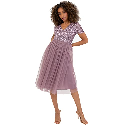 Maya Deluxe Damen Midi-Kleid mit V-Ausschnitt, Verziert Brautjungfernkleid, Moody Lilac, 34 von Maya Deluxe