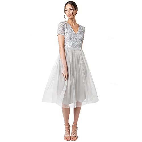 Maya Deluxe Damen Midi-Kleid mit V-Ausschnitt, Verziert Brautjungfernkleid, Soft Grey, 38 von Maya Deluxe