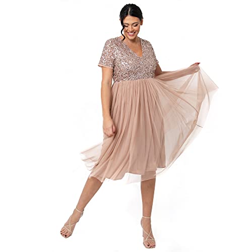 Maya Deluxe Damen Midi-Kleid mit V-Ausschnitt, Verziert Brautjungfernkleid, Taupe Blush, 46 von Maya Deluxe