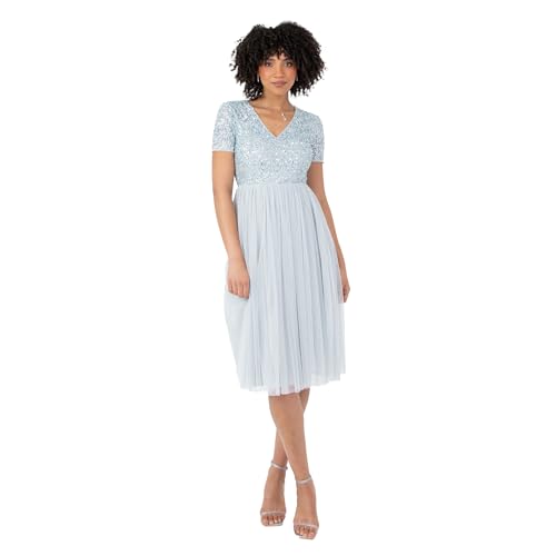 Maya Deluxe Damen Robe Soirée Midi Ornée D'un Col En V À Manches Courtes Pour Bal De Fin D'année, Mariage Brautjungfernkleid, Hellblau, 38 von Maya Deluxe