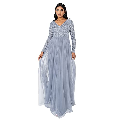 Maya Deluxe Damen Women's Dress Long Sleeve for Wedding Guest V Neck High Empire Waist Maxi Long Length Evening Brides Kleid, Dusty Blue, 48 EU von Maya Deluxe