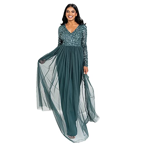 Maya Deluxe Damen Women's Dress Long Sleeve for Wedding Guest V Neck High Empire Waist Maxi Long Length Evening Brides Kleid, Emerald Green, 54 EU von Maya Deluxe