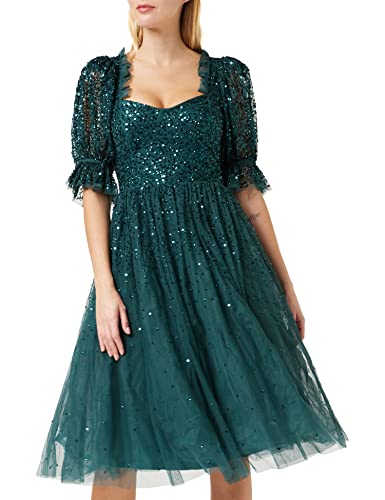 Maya Deluxe Damen Women's Dress for Women Midi Sequin Embellished Frilly Sweetheart Neckline Puffed Sleeves Weddin Kleid, Emerald Green, 38 EU von Maya Deluxe