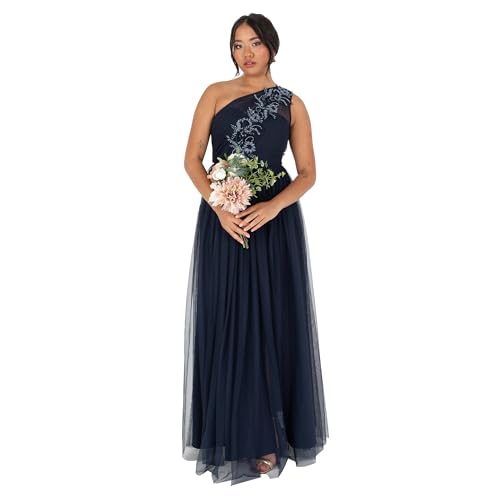 Maya Deluxe Damen Women's Ladies Maxi Dress Sleeveless One Shoulder Sequin Embellished Tulle Split Slit A-line for Evening Prom Ball Gown Kleid, Navy Blue, 34 von Maya Deluxe