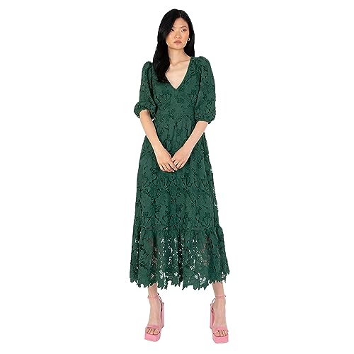 Maya Deluxe Damen Women's Midaxi Dress V Neckline Puff Sleeve Lace A-line for Wedding Guest Bridesmaid Cocktail Prom Evening Occasion Kleid, Emerald Green, von Maya Deluxe