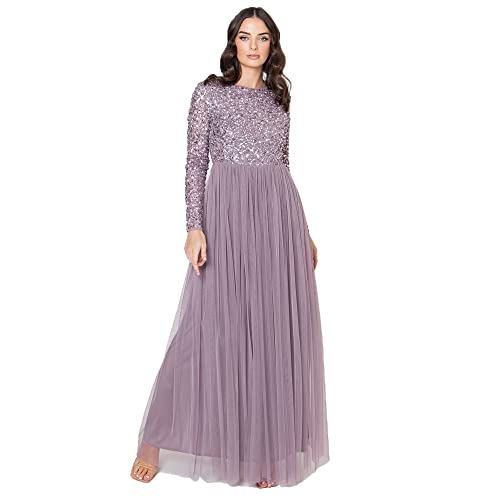 Maya Deluxe Damen Women's for Wedding Guest Plus Size Large Rich High Waist Sequins Long Sleeve Prom Evening Bridesmaid Dress, Moody Lilac, 38 EU von Maya Deluxe