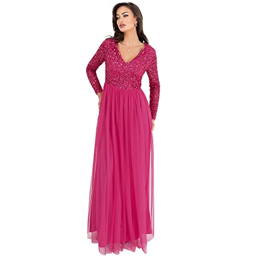 Maya Deluxe Damen Womens Ladies Dress Sleeve for Wedding Guest V Neck High Empire Waist Maxi Long Length Evening Bridesmaid Prom Kleid, Fuschia, 38 von Maya Deluxe