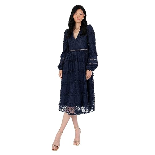 Maya Deluxe Damen Womens Midi Dress Ladies Floral Embroidered Lace Long Sleeve V-Neck for Wedding Guest Bridesmaid Prom Occasion Ball Gown Kleid, Navy, 52 von Maya Deluxe