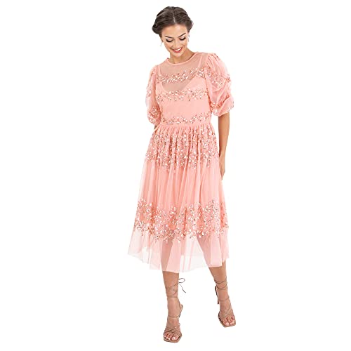 Maya Deluxe Damen Womens Midi Ladies Sequin Embellished Short Sleeve Dress for Wedding Guest Bridesmaid Prom Ball Evening Occasion Kleid, Apricot Blush, 54 von Maya Deluxe