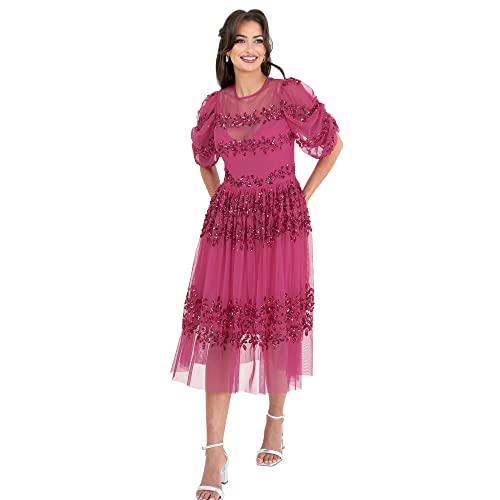 Maya Deluxe Damen Womens Midi Ladies Sequin Embellished Short Sleeve Dress for Wedding Guest Bridesmaid Prom Ball Evening Occasion Kleid, Fuchsia, 52 von Maya Deluxe