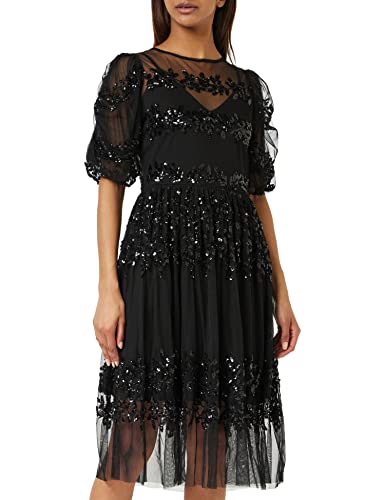 Maya Deluxe Damen Soirée Mi-Longue Ornée Paillettes, Manches Courtes Invitée Mariage Demoiselle D'honneur Robe De Cocktail Anzug, Noir, 52 von Maya Deluxe