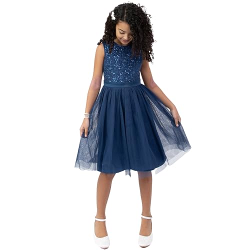 Maya Deluxe Mädchen Midi Dress for Girls Sequins Embellished Party Tutu Bridesmaids Wedding with Belt Bow Kleid, French Navy, 9 Years von Maya Deluxe