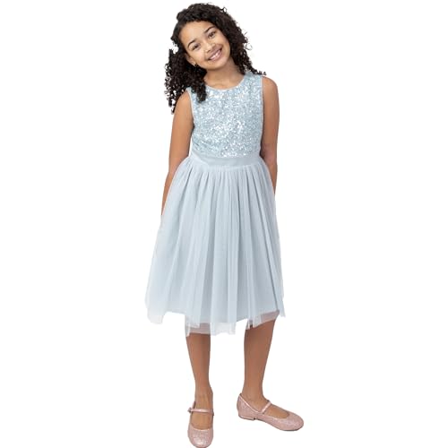 Maya Deluxe Mädchen Midi Dress for Girls Sequins Embellished Party Tutu Bridesmaids Wedding with Belt Bow Kleid, Ice Blue, 7 Years von Maya Deluxe