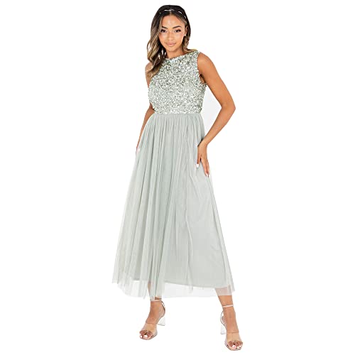 Maya Deluxe Vrouwen Midaxi Jurk Dames Mouwloze Pailletten Hoge Empire Taille Tule Versierd voor Bruiloft Gast Bal Bruidsmeisje, Bessen, 48 von Maya Deluxe