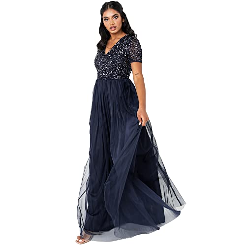 Maya Deluxe Women's Damen Ballkleid Abendkleid V-Ausschnitt Maxi Länge Pailletten Kurze Ärmel für Hochzeit Geburtstag Brautjungfer Bridesmaid Dress, Navy, 36 EU von Maya Deluxe