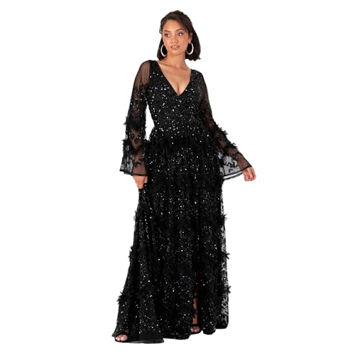 Maya Deluxe Women's Ladies Maxi Dress V Neckline Sequin with Ruffle Empire Waist Slit Split for Prom Ball Bridesmaid Wedding Guest, Schwarz 38 Maya Deluxe Women's Ladies Maxi Dress V Neckline Sequin with Ruffle Empire Waist Slit Split for Prom Ball Bridesmaid Wedding Guest, Schwarz 38 von Maya Deluxe
