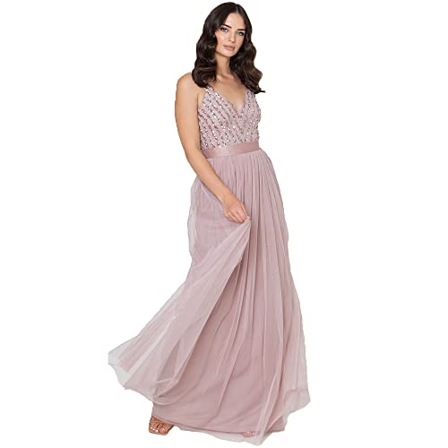 Maya Deluxe Women's Maxi Abendkleid Elegant für Hochzeit mit V-Ausschnitt Tüllkleid Damen mit Schleife Brautjungfernkleid, Frosted Pink, 44 von Maya Deluxe