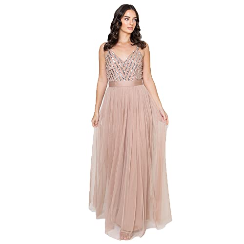 Maya Deluxe Women's Maxi Abendkleid Elegant für Hochzeit mit V-Ausschnitt Tüllkleid Damen mit Schleife Brautjungfernkleid, Taupe Blush, 50 EU von Maya Deluxe