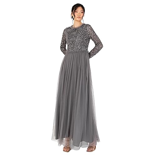 Maya Deluxe Women's Maxi Ladies Crew Neck Long Sleeve Sequin Embellished Tulle Ruffle for Wedding Guest Bridesmaid Ball Gown Dress, Charcoal, 34 von Maya Deluxe