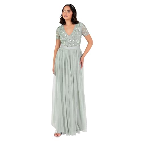 Maya Deluxe Women's Maxi Ladies Floral Sequin Embellished V-Neck Short Sleeve Tulle Sash Tie Belt Empire A-line Bridesmaid Dress, Green Lily, 32 Maya Deluxe Women's Maxi Ladies Floral Sequin Embellished V-Neck Short Sleeve Tulle Sash Tie Belt Empire A-line Bridesmaid Dress, Green Lily, 32 von Maya Deluxe