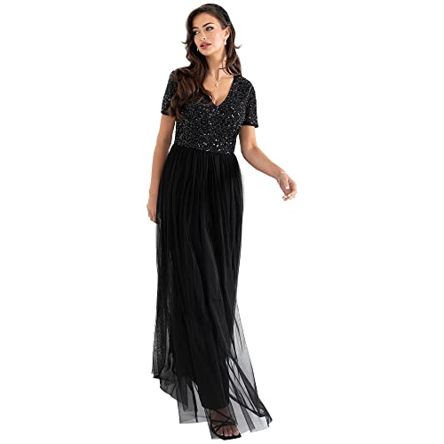 Maya Deluxe Abendkleid mit Pailletten Cocktailkleid Damen mit V-Ausschnitt Tüllkleid Schwarz Größe 40 von Maya Deluxe