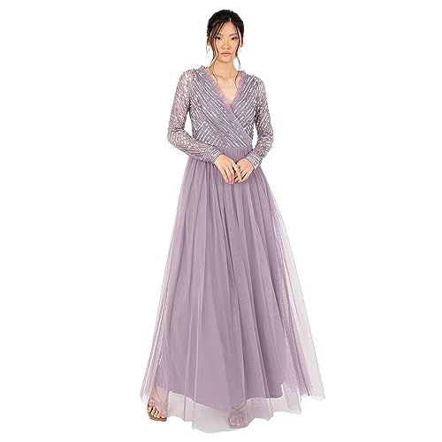 Women's Maxi Dress Ladies Embellished Wrap Tulle Frilly V-Neck Long Sleeve for Wedding Guest Bridesmaid Prom Ball Gown, Moody Lilac, 34 Women's Maxi Dress Ladies Embellished Wrap Tulle Frilly V-Neck Long Sleeve for Wedding Guest Bridesmaid Prom Ball Gown, Moody Lilac, 34 von Maya Deluxe