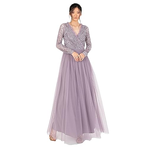 Women's Maxi Dress Ladies Embellished Wrap Tulle Frilly V-Neck Long Sleeve for Wedding Guest Bridesmaid Prom Ball Gown, Moody Lilac, 40 von Maya Deluxe