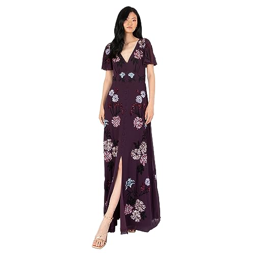 Women's Maxi Dress Ladies Embroidered Sequin Embellished Button Front Split for Wedding Guest Bridesmaid Prom Evening, Berry, 48 von Maya Deluxe