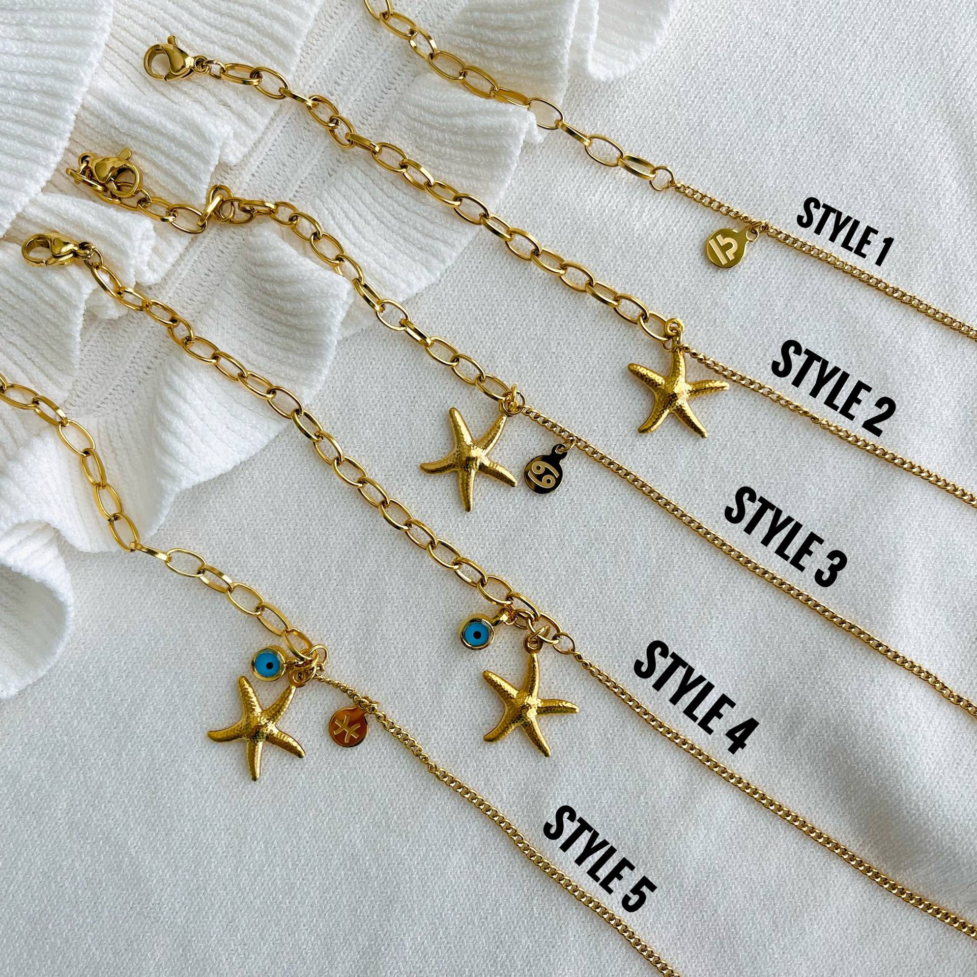 Gold Seestern Fußkettchen Gold Armband Evil Eye Add-On Mini Sternzeichen Personalisierte Sommer-Strand-Schmucksachen Wasserdich Nette Geschenke Für von MayaMoreJewelry