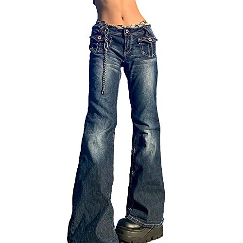 Mayber Damen Aesthetics Vintage Jeanshosen Straight Wide Leg Schlaghose Y2k Indie Denim Cargohose Low Waist Jeans 90er Streetwear (Z-Blau, XL) von Mayber