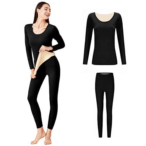 Mecool Thermo-Unterwäsche-Set für Damen, langärmeliges Oberteil, ultraweiche Basisschicht, Oberteile und Leggings,Schwarz-M von Mecool