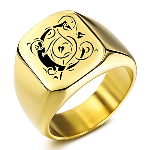 MeMeDIY Benutzerdefinierte Gravur Initialen Monogramm Siegelring für Männer Frauen Jungen Herren Ringe Edelstahl, Bundle mit Ringgrößeneinstellern (Goldfarbe, Größe 62 (19.7)) von MeMeDIY