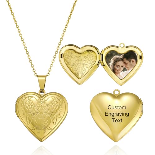 MeMeDIY Personalisiert Medaillon Kette mit Bild Damen Herz Medaillon Zum Öffnen Kette Halskette Gold/Silber/Rosegold Gravierte Gedenk Anhänger Halskette Schmuck Geschenke für Frauen -A2 von MeMeDIY