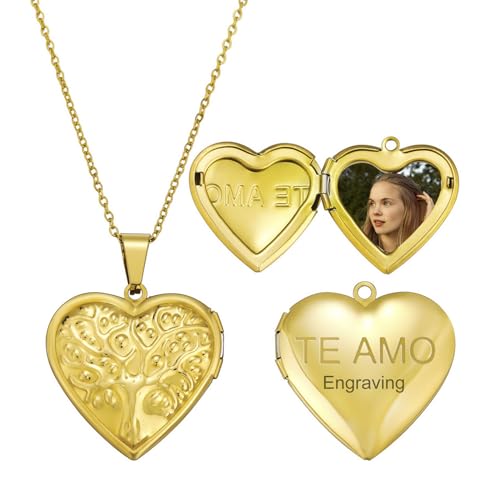 MeMeDIY Personalisiert Medaillon Kette mit Bild Damen Herz Medaillon Zum Öffnen Kette Halskette Gold/Silber/Rosegold Gravierte Gedenk Anhänger Halskette Schmuck Geschenke für Frauen -D2 von MeMeDIY