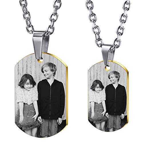 MeMeDIY Personalisierte Dog-tag Halskette Gravur Foto/Name/Datum/Kalender mit Bild Anhänger Halskette für Männer Frauen Jungen Mädchen Paare Denkmal Edelstahl Liebesschmuck (Gold Farbe) von MeMeDIY