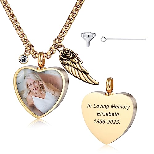 MeMeDIY Personalisierte Engelsflügel Anhänger Urne Halskette Gravur Foto/Name für Männer Frauen mit Geburtsstein Edelstahl Asche Halter Memorial Andenken Einäscherung Trichter Kit (Gold Farbe) von MeMeDIY