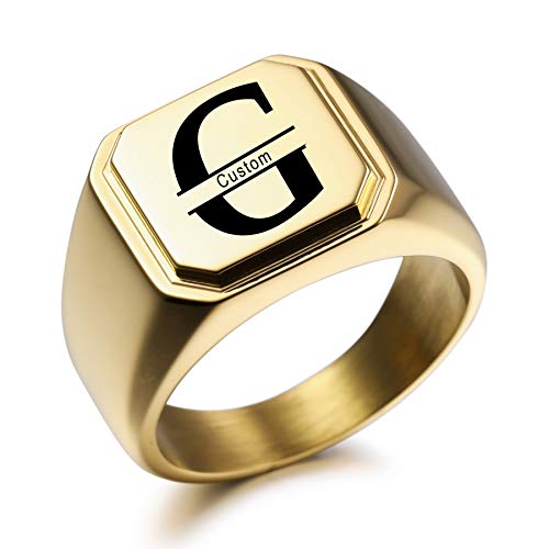 MeMeDIY Personalisierte Gravur Monogramm-Buchstaben-Signet-Ring für Männer Frauen Mädchen Jungen Edelstahl-Hochzeitsringen Benutzerdefiniert Schmuck Bündel mit Ringgrößeneinstellern (Gold) von MeMeDIY