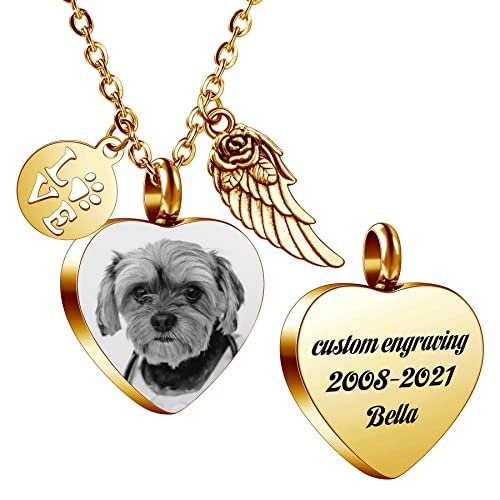 MeMeDIY Personalisierte Herz Pfote Druck Esche Urne Anhänger Halskette graviert Name/Foto für Frauen Männer Edelstahl Memorial Hund Katze Haustier Andenken mit Schlüsselring Trichter Kit Angel Wing von MeMeDIY