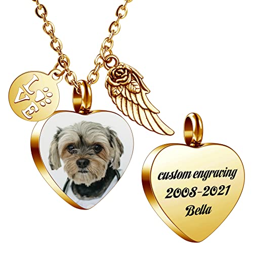 MeMeDIY Personalisierte Herz Pfote Druck Esche Urne Anhänger Halskette graviert Name/Foto für Frauen Männer Edelstahl Memorial Hund Katze Haustier Andenken mit Schlüsselring Trichter Kit Angel Wing von MeMeDIY