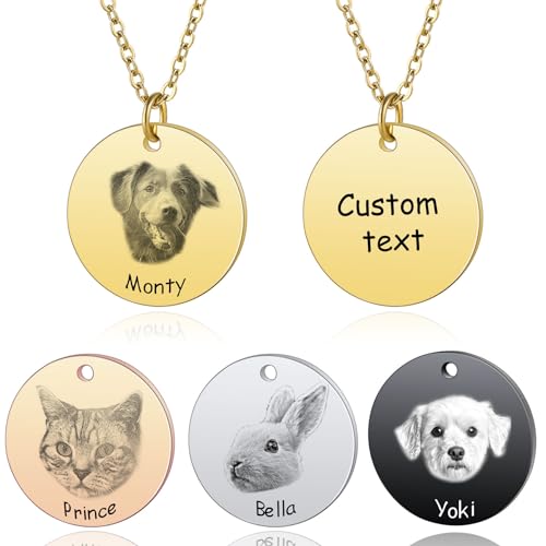 MeMeDIY Personalisierte Hund Katze Katze Haustier Halskette für Frauen Männer Graviertes Porträt Skizzieren Foto Name Edelstahl Anhänger Haustier Erinnerung Geschenke - B3 Gold von MeMeDIY