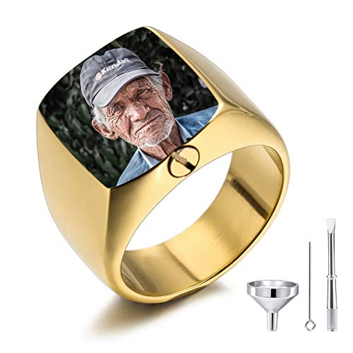 MeMeDIY Personalisierte Urne Ring Siegelring für Frauen Männer Haustier Gravur Farbe Bild Gedenktaschenhalter aus Edelstahl Souvenir mit Trichterbausatz Ringgrößeneinsteller (Gold Größe 65) von MeMeDIY