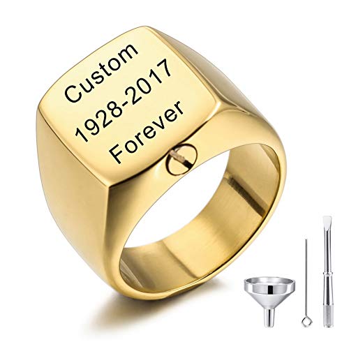 MeMeDIY Personalisierte Urne Ring Siegelring für Frauen Männer Haustier Gravur Name/Text Gedenktaschenhalter aus Edelstahl Souvenir mit Trichterbausatz Ringgrößeneinsteller (Gold Größe 60) von MeMeDIY