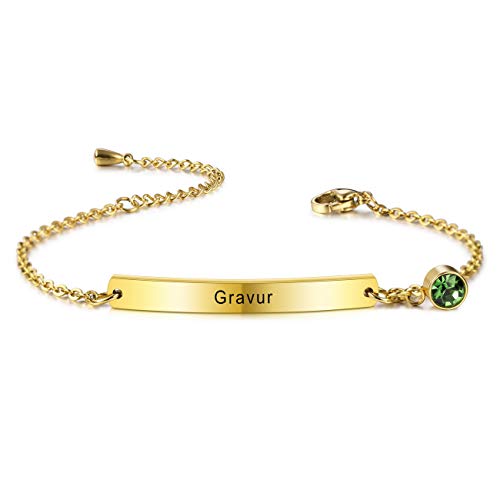 MeMeDIY Personalisiertes Armband Angepasste Gravur Name/Datum/Koordinaten für Frauen Freundin Beste Freundin Knöchelgelenk aus Edelstahl Geburtsstein Bar-Armband mit verstellbarer Kette (Gold Farbe) von MeMeDIY