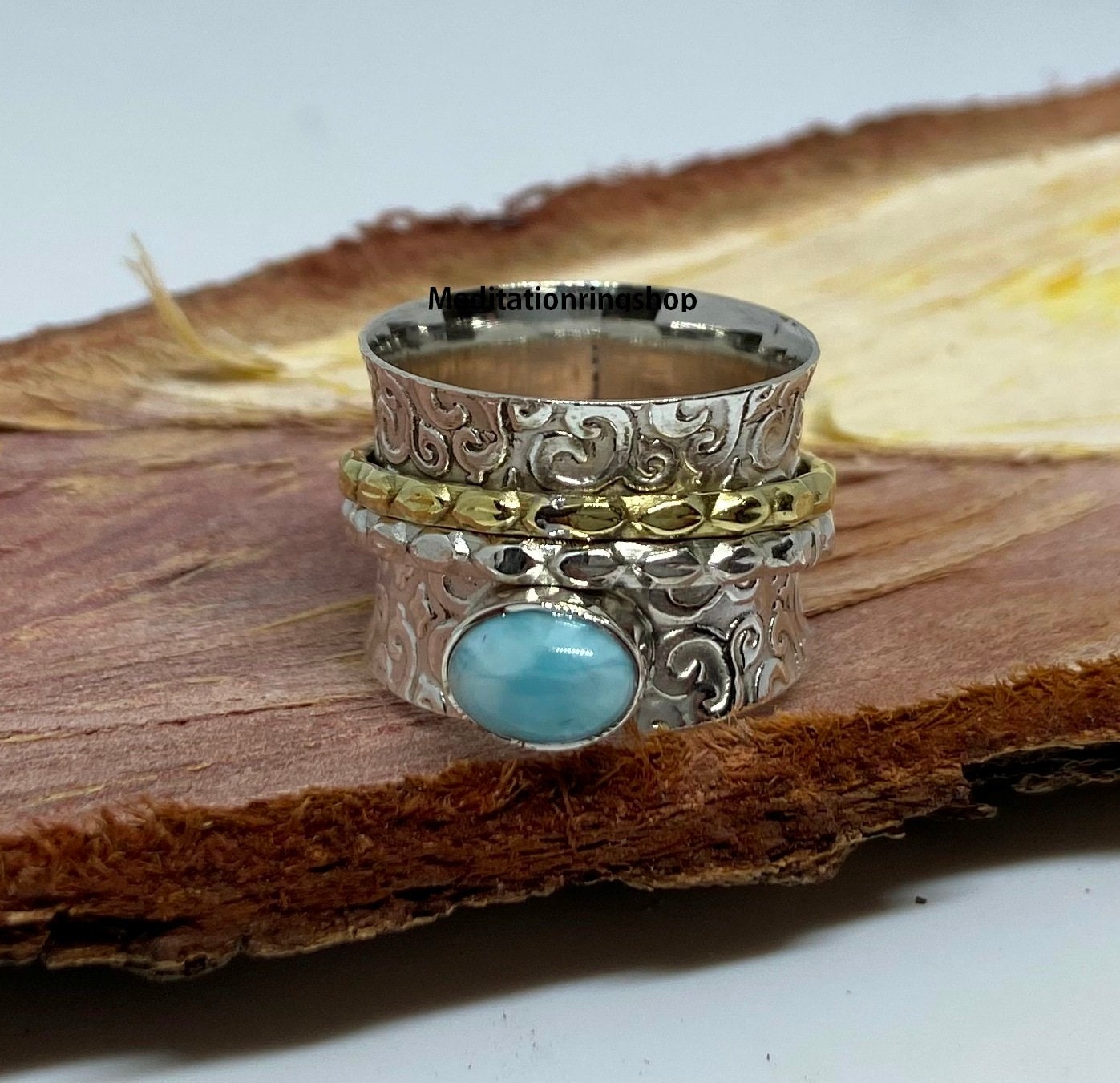 Natural Larimar Gemstone Band Ring, Brass Spinner 925 Sterling Silver Jewelry, Handmade Designer Christmas Gift Natural Larimar Gemstone Band Ring, Brass Spinner 925 Sterling Silver Jewelry, Handmade Designer Christmas Gift von Silverjewellery30