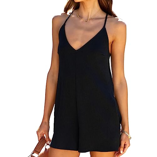 MeeQee Jumpsuit Damen Sommer Casual Kurz locker Einteiler Strampler V-Ausschnitt Ärmelloser Jumpsuit Verstellbarer Riemen Mit Taschen Black/L von MeeQee