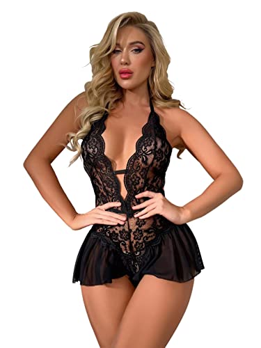 MeeQee Sexy Body Dessous Damen Spitze Reizwäsche Babydoll Negligee Body Deep V-Ausschnitt Erotische One Piece Rückenfreie Spitze Nachtwäsche Dessous Outfit für Sex von MeeQee