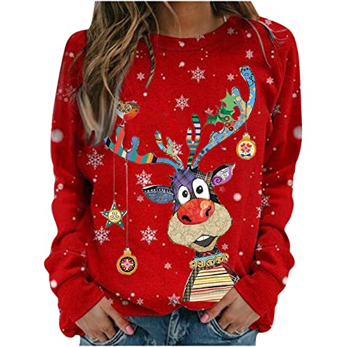 Weihnachtspullover Lustig Basic Rundhals Langarmshirt Pullover Casual Sweatshirt Damen mit Weihnachtsmotiv Rentier Merry Christmas Weihnachtspulli Ugly Christmas Sweater Festliche Weihnachtsshirt von Meggsnle