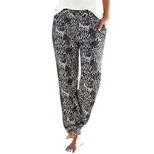 Damen Pant Lange Haremshose Schlupfhose Boho Strandhose Leicht Blumenmuster Freizeithose Loose Luftig Sommerhose Frauen Hose mit Taschen Straight Bein Hose Sommerhose Stoffhose Jogginghose Yogahose von MeiLyviba