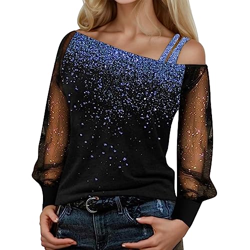 Glitzer Oberteile Damen T-Shirt Schulterfrei Sexy Langarmshirt Casual Mode Langarm Shirt Bluse Tops Tunika Elegant Einfarbig Pullover Jumper Herbst Winter Spitze Streetwear Laufshirt Festliche von MeiLyviba