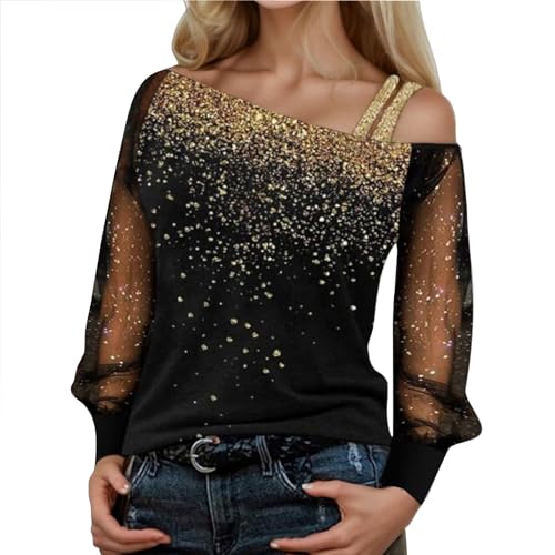 Glitzer Oberteile Damen T-Shirt Schulterfrei Sexy Langarmshirt Casual Mode Langarm Shirt Bluse Tops Tunika Elegant Einfarbig Pullover Jumper Herbst Winter Spitze Streetwear Laufshirt Festliche von MeiLyviba